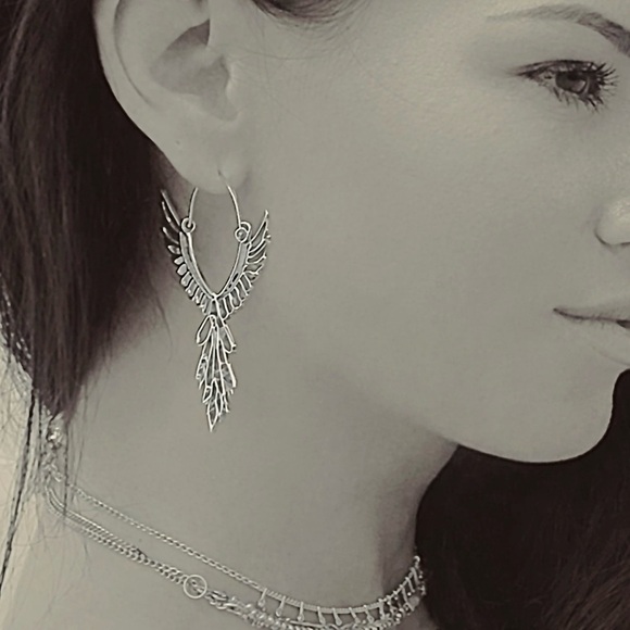 “Thunderbird” Phoenix Silver Guardian Angel Festival Native American Wing Hoops - Picture 5 of 13